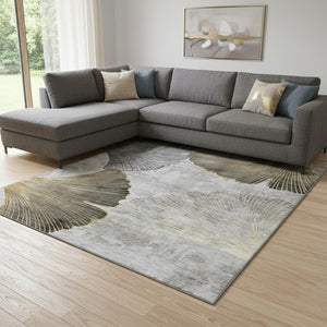 HomeRoots 8' X 10' Gray Gold Ivory Floral Area Rug – Washable, UV-Protected, Stain-Resistant for Modern Homes 652765