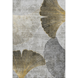 HomeRoots 9' X 12' Gray, Gold & Ivory Floral Area Rug – Washable, UV-Protected, Stylish & Durable for Any Room 652766