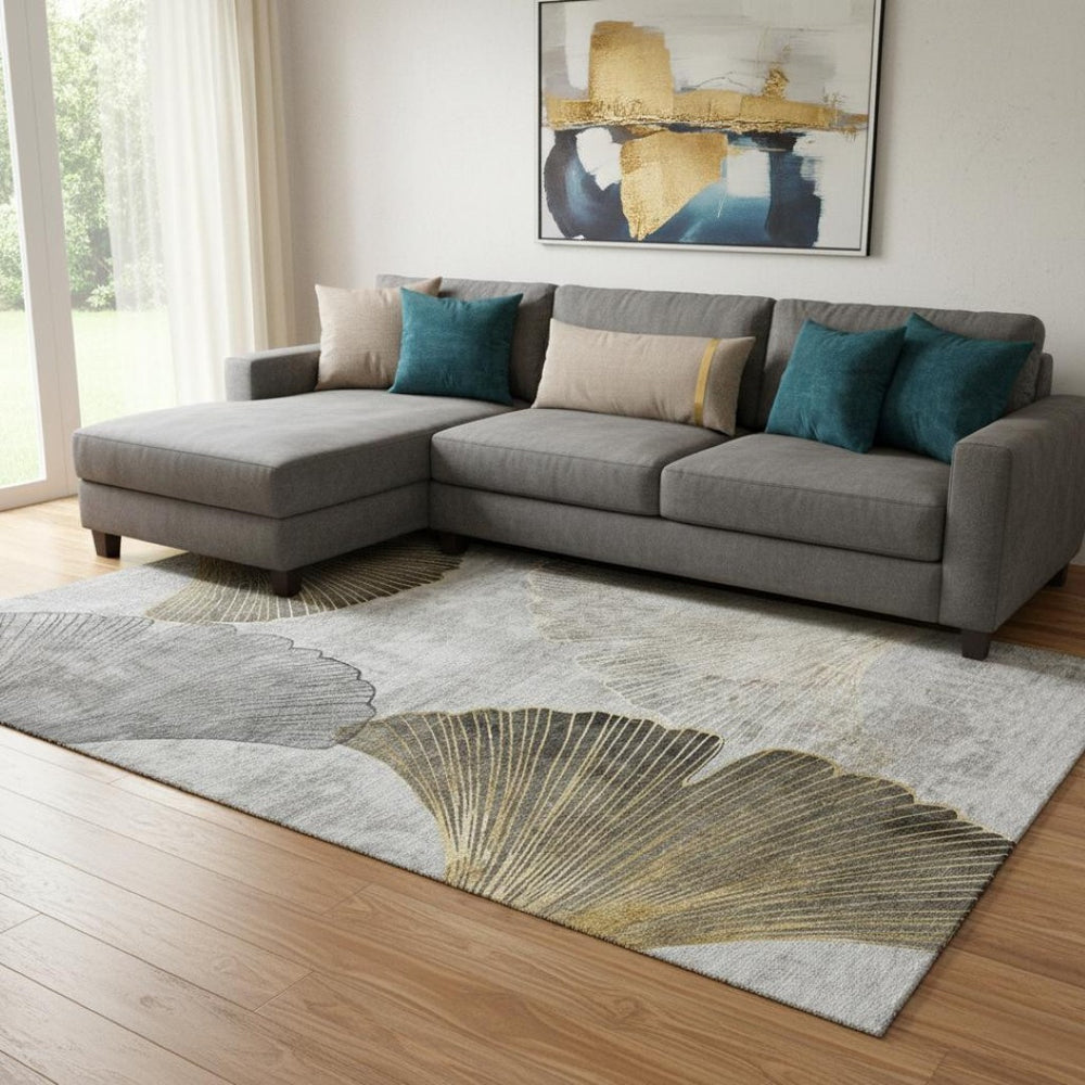 HomeRoots 9' X 12' Gray, Gold & Ivory Floral Area Rug – Washable, UV-Protected, Stylish & Durable for Any Room 652766