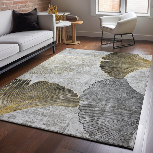 HomeRoots 10' X 14' Gray Gold Ivory Floral Area Rug - Washable, UV Protected, Stain Resistant for Easy Care 652767