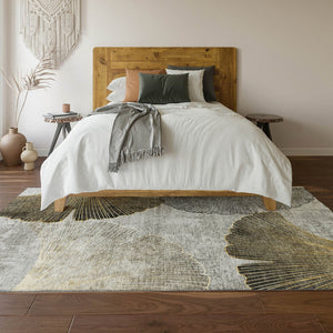 HomeRoots 10' X 14' Gray Gold Ivory Floral Area Rug - Washable, UV Protected, Stain Resistant for Easy Care 652767