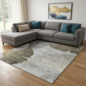 HomeRoots 10' X 14' Gray Gold Ivory Floral Area Rug - Washable, UV Protected, Stain Resistant for Easy Care 652767