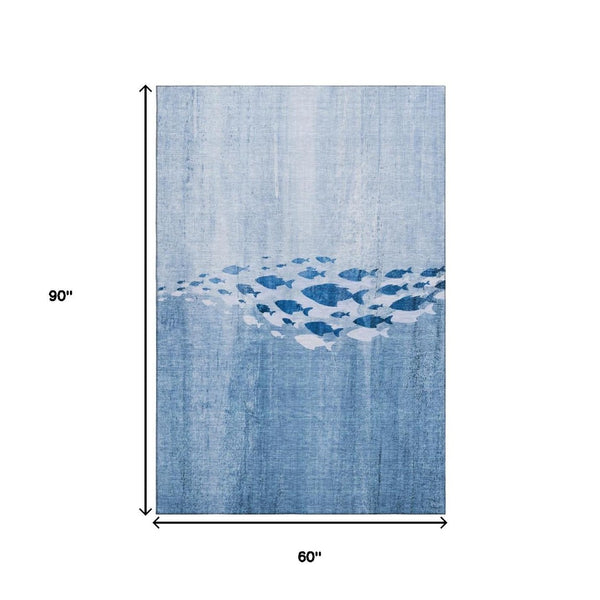 HomeRoots 5' X 8' Blue And Ivory Nautical Area Rug - Washable, Stain-Resistant, UV Protected for Coastal Charm 652769