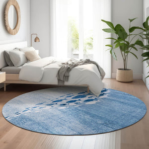 HomeRoots 8' Blue and Ivory Nautical Round Rug - Washable, UV Protected, Stylish & Durable for Any Space 652770