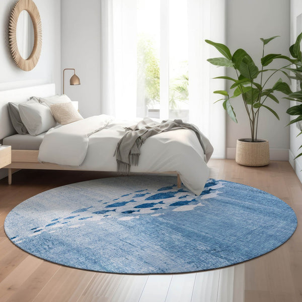 HomeRoots 8' Blue and Ivory Nautical Round Rug - Washable, UV Protected, Stylish & Durable for Any Space 652770