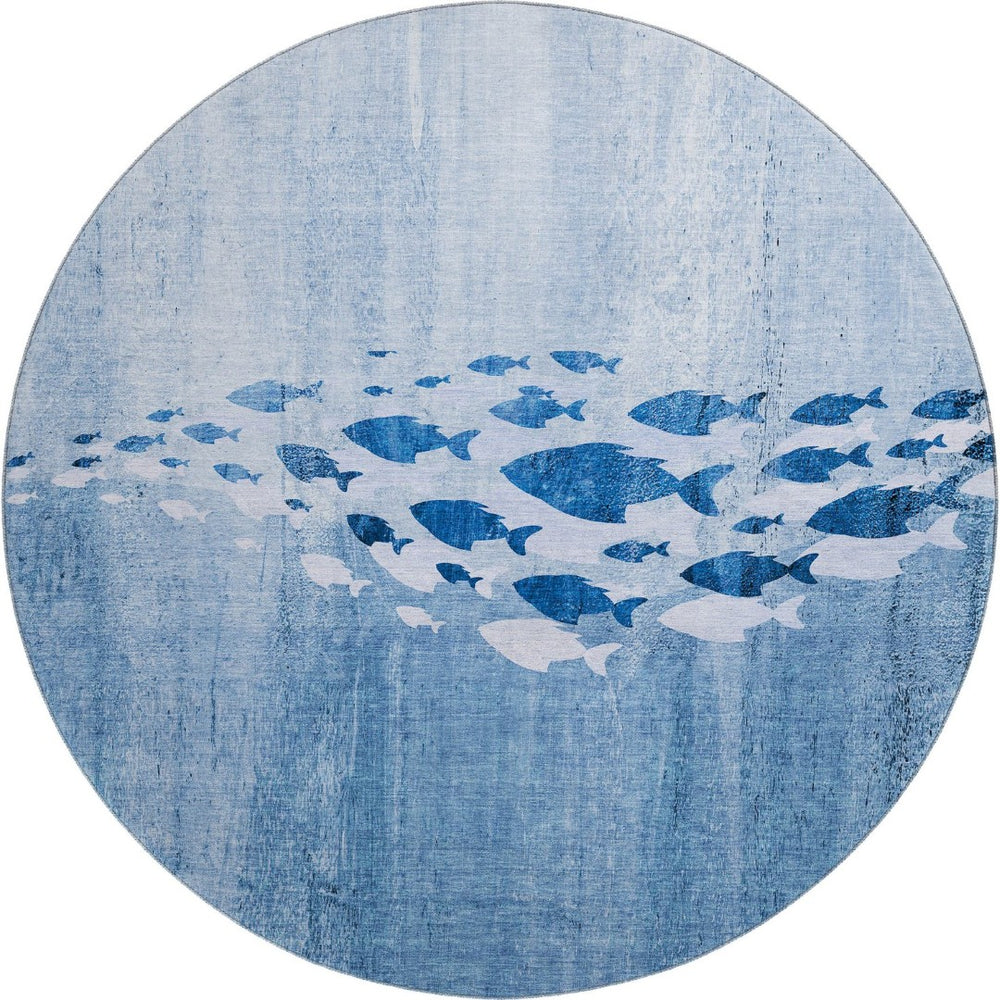 HomeRoots 8' Blue and Ivory Nautical Round Rug - Washable, UV Protected, Stylish & Durable for Any Space 652770