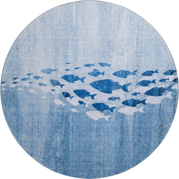 HomeRoots 8' Blue and Ivory Nautical Round Rug - Washable, UV Protected, Stylish & Durable for Any Space 652770