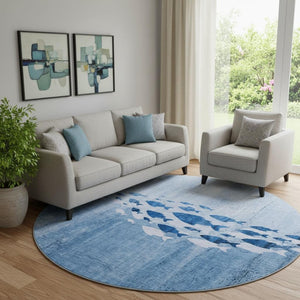 HomeRoots 8' Blue and Ivory Nautical Round Rug - Washable, UV Protected, Stylish & Durable for Any Space 652770