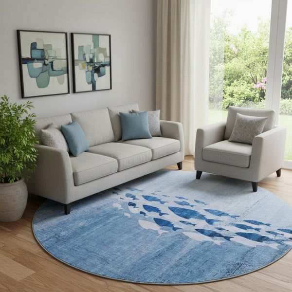 HomeRoots 8' Blue and Ivory Nautical Round Rug - Washable, UV Protected, Stylish & Durable for Any Space 652770