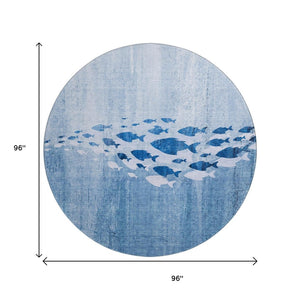 HomeRoots 8' Blue and Ivory Nautical Round Rug - Washable, UV Protected, Stylish & Durable for Any Space 652770