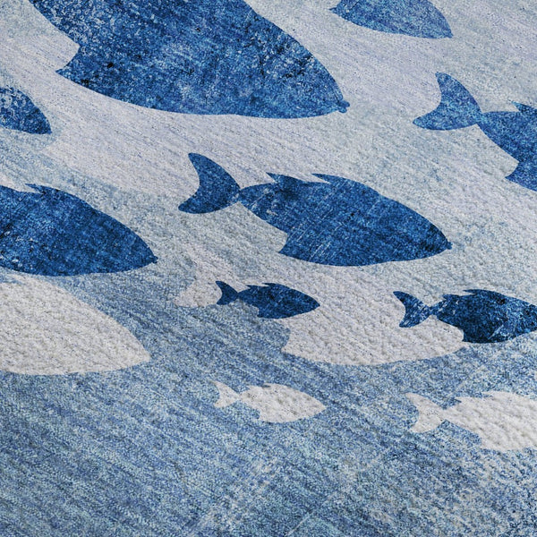 HomeRoots 8' X 10' Blue And Ivory Nautical Area Rug - Washable, UV-Protected, Stain-Resistant, Perfect for Families! 652771