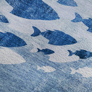HomeRoots 9' X 12' Blue & Ivory Nautical Area Rug - Durable, Washable, UV-Protected for Stylish Coastal Homes 652772