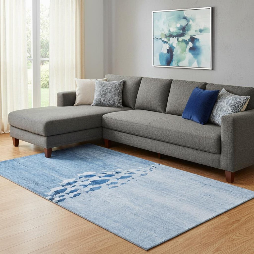 HomeRoots 10' Blue and Ivory Nautical Area Rug – Washable, UV Protected, Perfect for High-Traffic Family Spaces! 652773