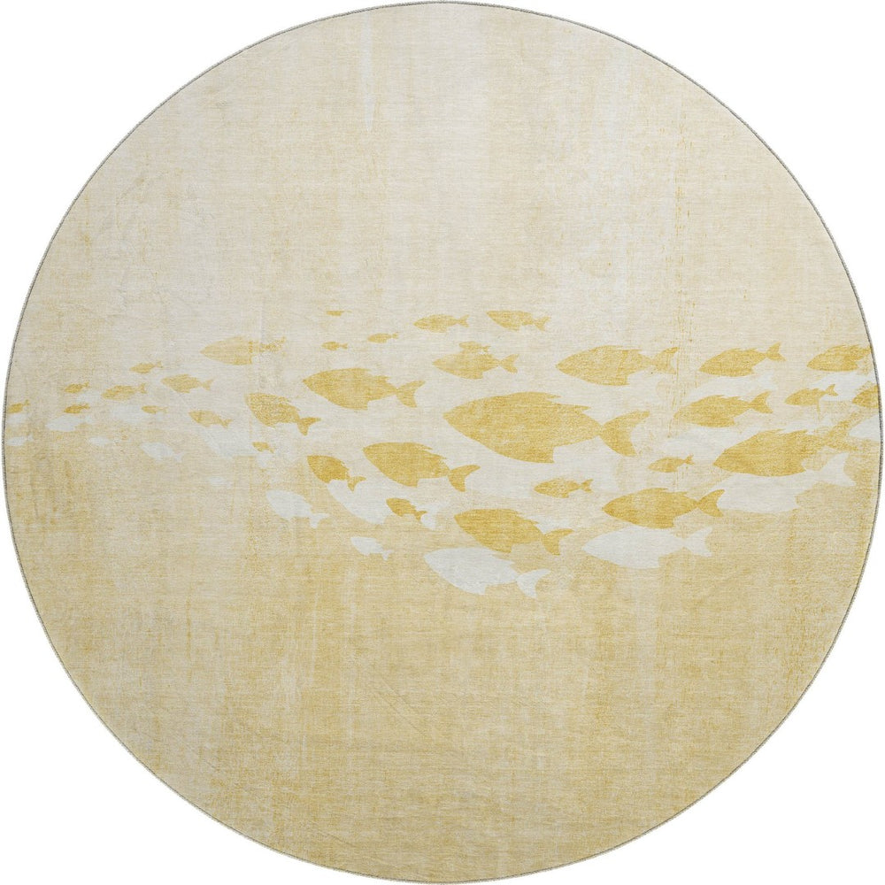HomeRoots 8' Gold And Ivory Nautical Round Rug – Washable, UV-Protected, Durable for High-Traffic Spaces 652776