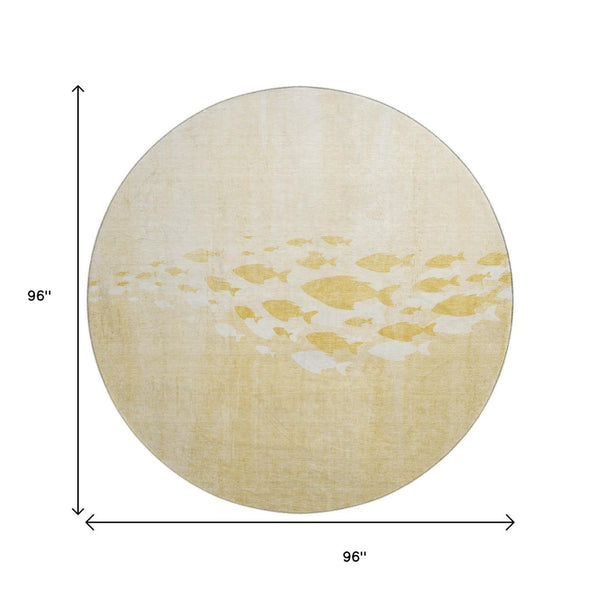 HomeRoots 8' Gold And Ivory Nautical Round Rug – Washable, UV-Protected, Durable for High-Traffic Spaces 652776