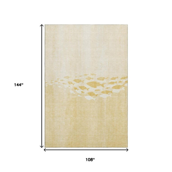 HomeRoots 9' X 12' Gold & Ivory Nautical Area Rug - Stain-Resistant, UV Protected, Washable & Durable Design 652778