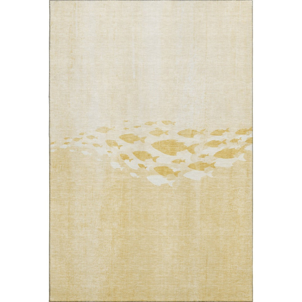 HomeRoots 9' X 12' Gold & Ivory Nautical Area Rug - Stain-Resistant, UV Protected, Washable & Durable Design 652778