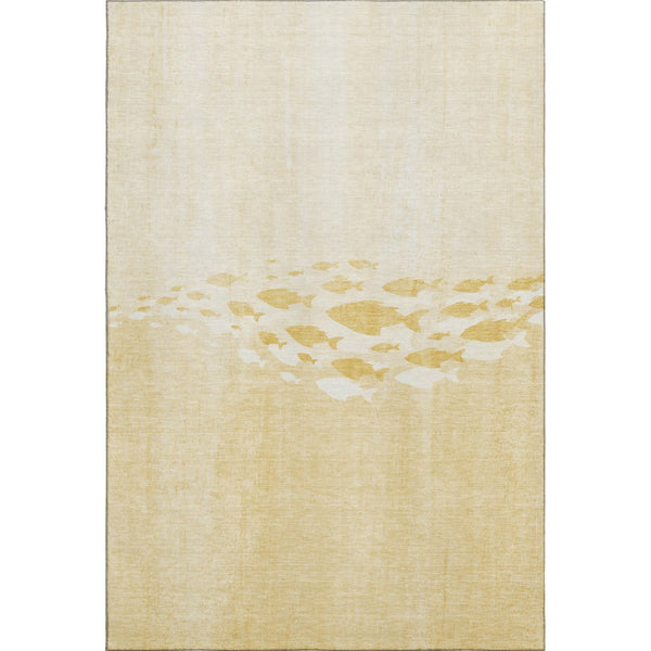 HomeRoots 9' X 12' Gold & Ivory Nautical Area Rug - Stain-Resistant, UV Protected, Washable & Durable Design 652778