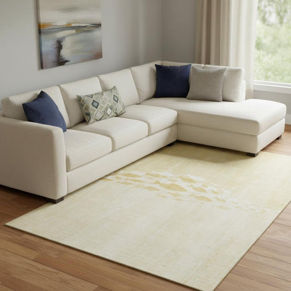 HomeRoots 9' X 12' Gold & Ivory Nautical Area Rug - Stain-Resistant, UV Protected, Washable & Durable Design 652778