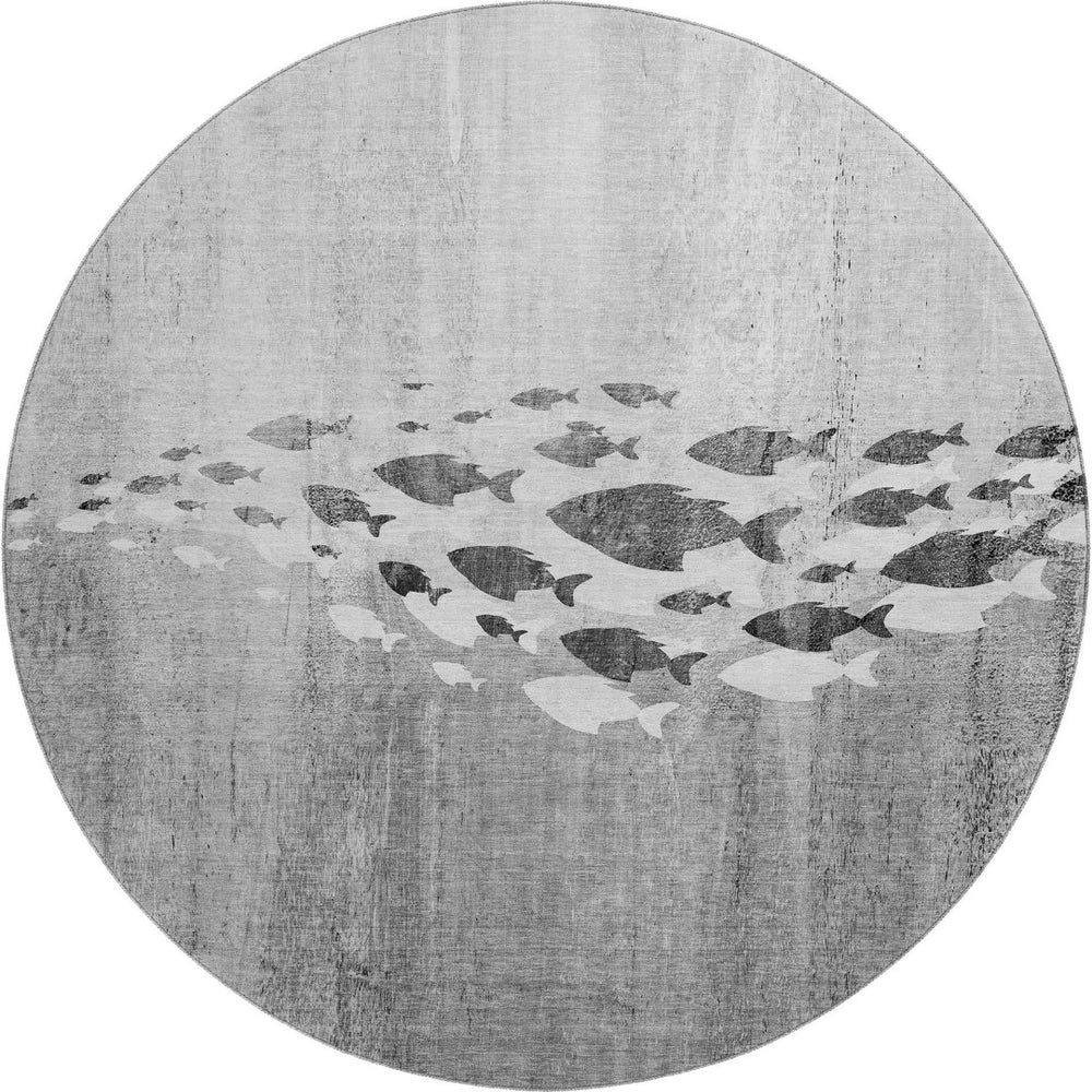 HomeRoots 8' Gray And Ivory Nautical Round Rug – UV Protected, Washable, Durable for High-Traffic Areas 652782