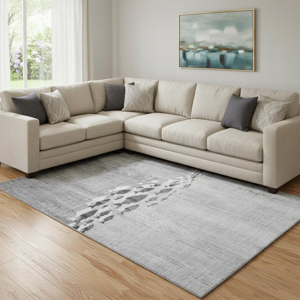 HomeRoots 9' X 12' Gray and Ivory Nautical Area Rug - Washable, UV-Protective, Soft & Stylish for Any Space 652784