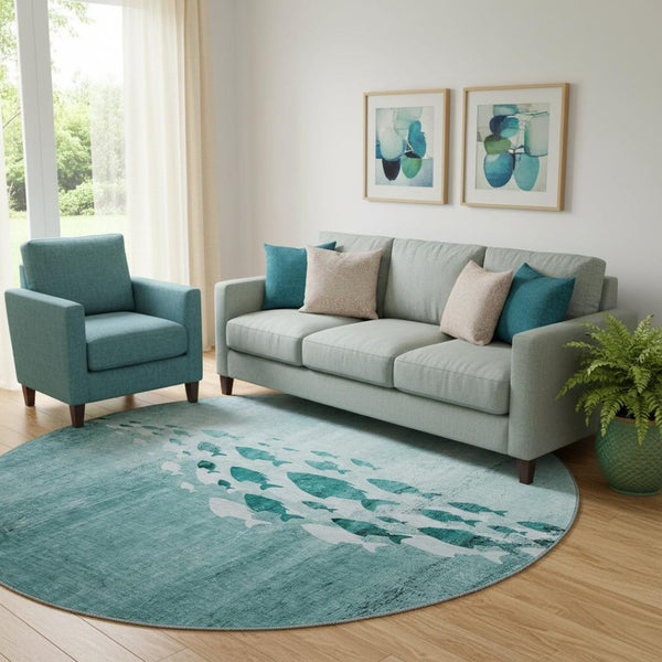 HomeRoots 8' Teal and Ivory Nautical Round Rug - Stylish, Washable, UV-Protected, Perfect for Coastal Decor! 652788