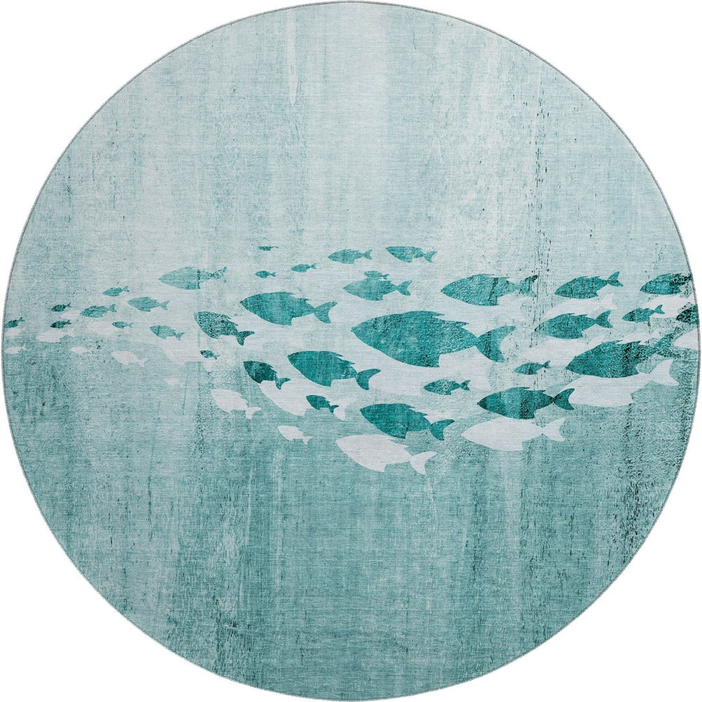 HomeRoots 8' Teal and Ivory Nautical Round Rug - Stylish, Washable, UV-Protected, Perfect for Coastal Decor! 652788