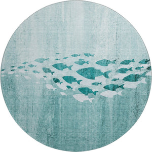 HomeRoots 8' Teal and Ivory Nautical Round Rug - Stylish, Washable, UV-Protected, Perfect for Coastal Decor! 652788