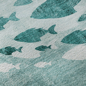 HomeRoots 8' Teal and Ivory Nautical Round Rug - Stylish, Washable, UV-Protected, Perfect for Coastal Decor! 652788