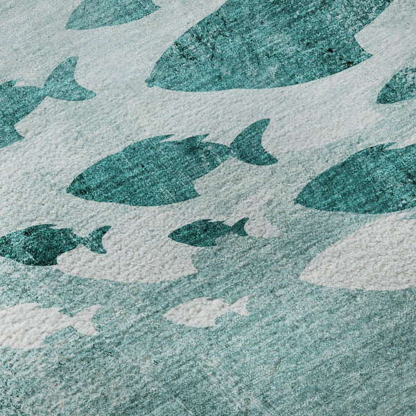 HomeRoots 8' Teal and Ivory Nautical Round Rug - Stylish, Washable, UV-Protected, Perfect for Coastal Decor! 652788