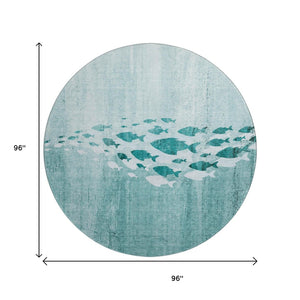 HomeRoots 8' Teal and Ivory Nautical Round Rug - Stylish, Washable, UV-Protected, Perfect for Coastal Decor! 652788