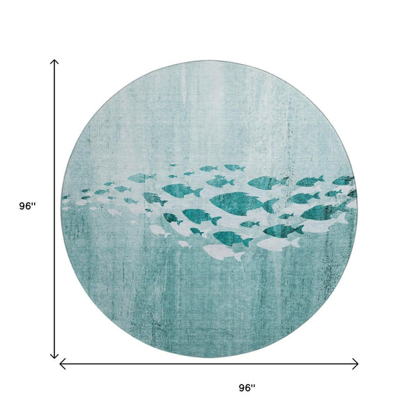 HomeRoots 8' Teal and Ivory Nautical Round Rug - Stylish, Washable, UV-Protected, Perfect for Coastal Decor! 652788