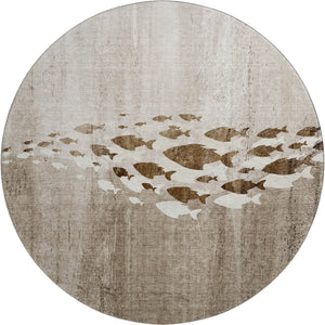 HomeRoots 8' Taupe and Ivory Nautical Round Rug – Washable, UV-Protected, Stylish for Indoor-Outdoor Use 652794