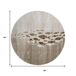 HomeRoots 8' Taupe and Ivory Nautical Round Rug – Washable, UV-Protected, Stylish for Indoor-Outdoor Use 652794