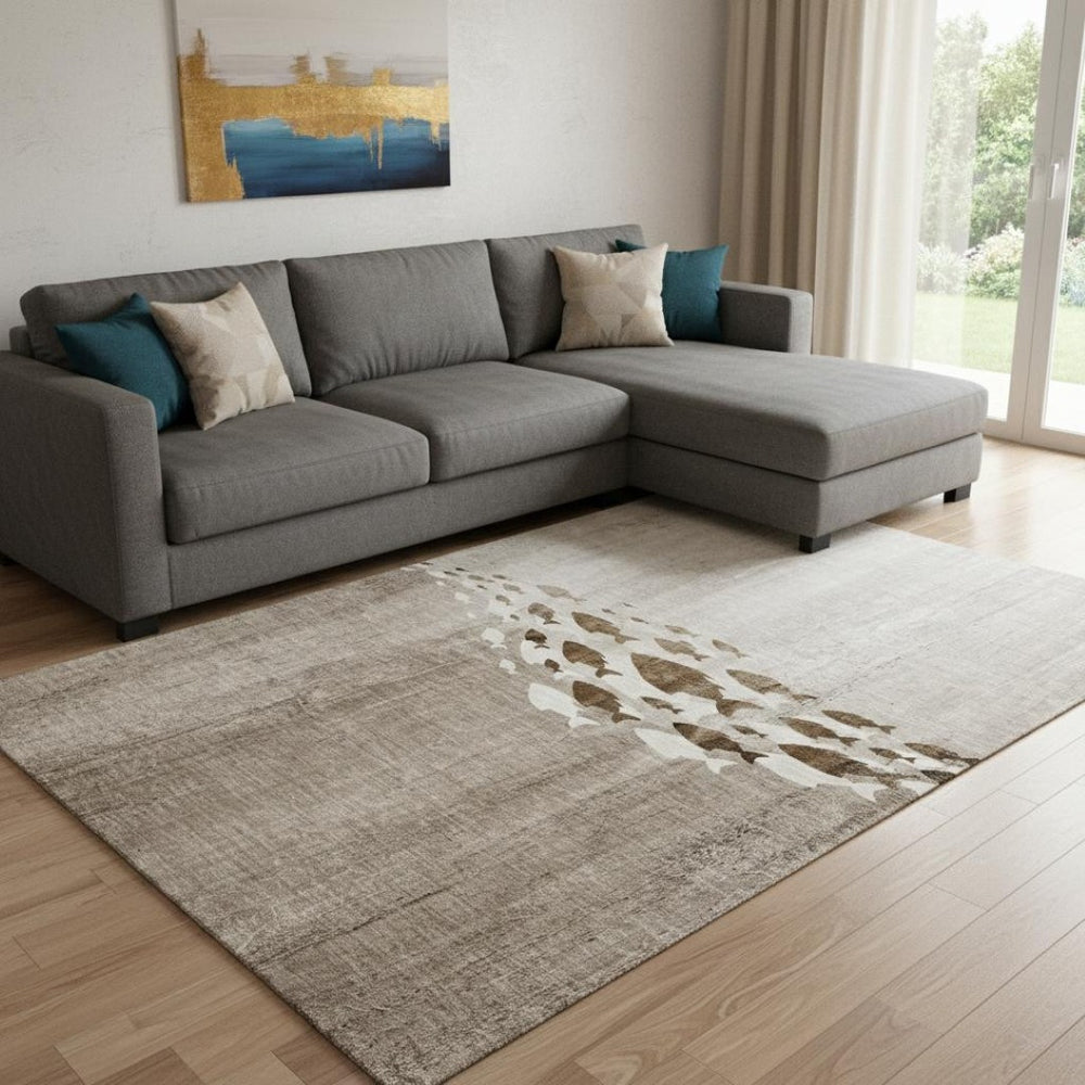 HomeRoots 9' X 12' Taupe And Ivory Nautical Area Rug - Durable, Washable, UV Protected for High-Traffic Homes 652796