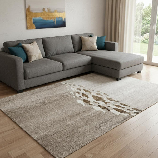 HomeRoots 9' X 12' Taupe And Ivory Nautical Area Rug - Durable, Washable, UV Protected for High-Traffic Homes 652796