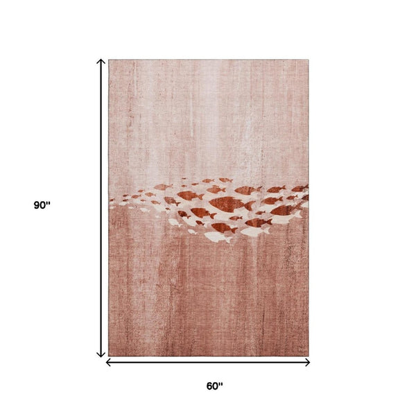 HomeRoots 5' X 8' Nautical Terra Cotta & Ivory Washable Area Rug with UV Protection for Stylish Homes 652799