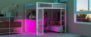 English Elm Full Metal Gaming Loft Bed with LED Lighting, Built-In Desk, Open Wardrobe and 3 Drawers for Space-Saving Comfort White GX001133AAK