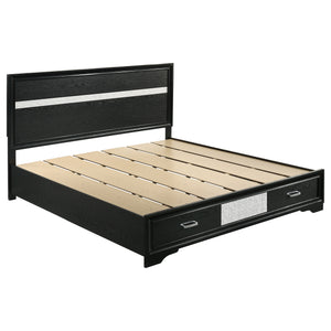 English Elm May 2-Drawer Platform Eastern King Storage Bed with Shimmery Foil Headboard and Rhinestone Pulls craftsmanship and glamour combined for dreamy modern bedroom allure Black B062S01086