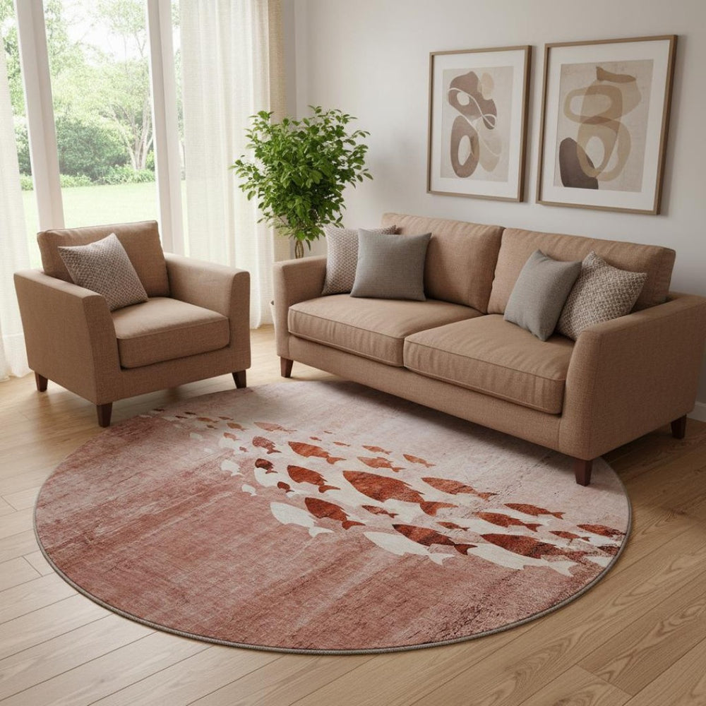 HomeRoots 8' Nautical Round Rug in Terra Cotta & Ivory - Washable, UV Protected, Stain Resistant, Non-Slip! 652800