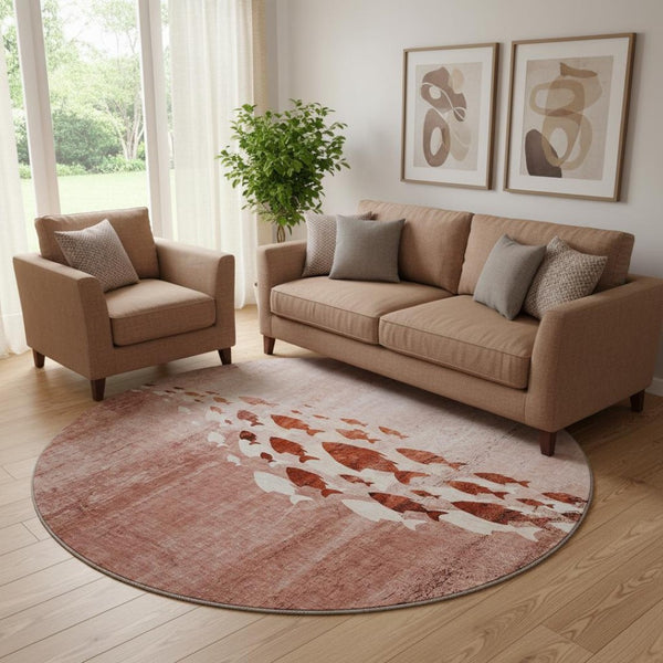 HomeRoots 8' Nautical Round Rug in Terra Cotta & Ivory - Washable, UV Protected, Stain Resistant, Non-Slip! 652800