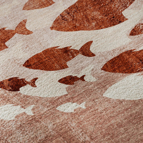 HomeRoots 8' Nautical Round Rug in Terra Cotta & Ivory - Washable, UV Protected, Stain Resistant, Non-Slip! 652800