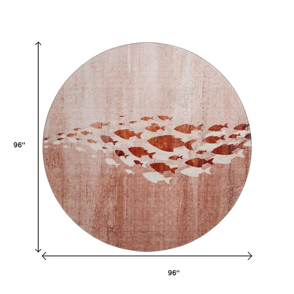 HomeRoots 8' Nautical Round Rug in Terra Cotta & Ivory - Washable, UV Protected, Stain Resistant, Non-Slip! 652800