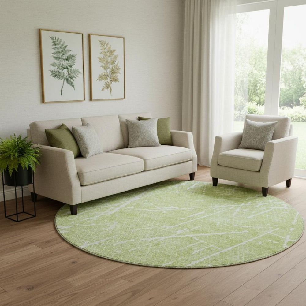 HomeRoots 8' Artichoke Green & Ivory Abstract Round Rug – Washable, UV Protected, Stain-Resistant, Durable Design 652806