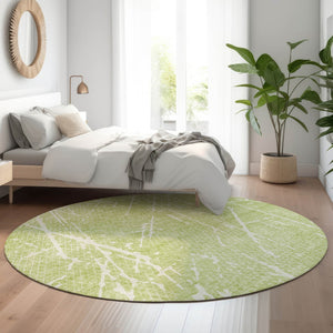 HomeRoots 8' Artichoke Green & Ivory Abstract Round Rug – Washable, UV Protected, Stain-Resistant, Durable Design 652806