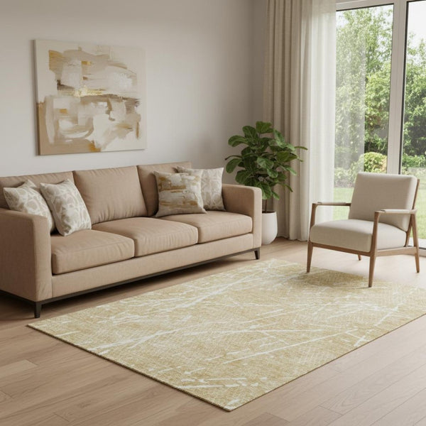 HomeRoots 5' X 8' Beige And Ivory Abstract Rug - Washable, UV-Protected, Durable Design for Modern Living Spaces 652811