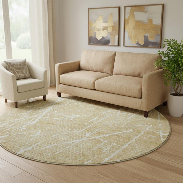 HomeRoots 8' Beige and Ivory Abstract Washable Round Rug - Durable, UV-Protected, Perfect for High-Traffic Areas! 652812