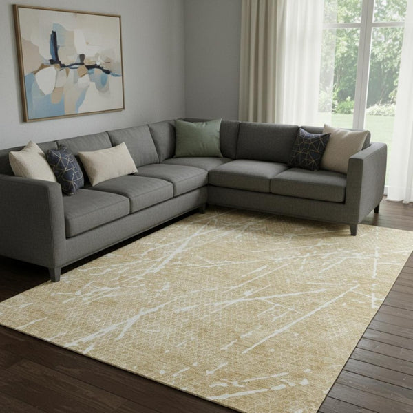 HomeRoots 10' X 14' Beige and Ivory Abstract Area Rug - Washable, UV-Protected, Durable & Stylish for Family Spaces 652815