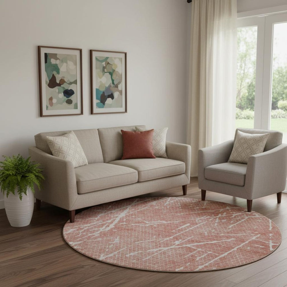 HomeRoots 8' Blush and Ivory Abstract Round Rug – Stylish, Washable, UV Protected, Perfect for Any Space! 652818