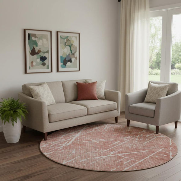 HomeRoots 8' Blush and Ivory Abstract Round Rug – Stylish, Washable, UV Protected, Perfect for Any Space! 652818
